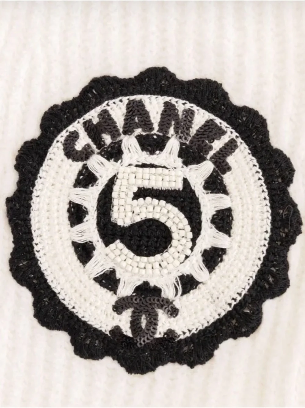 Chanel White Cotton Ribbed Knit No. 5 Crest Cardigan